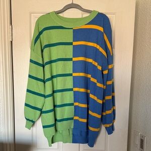 Women’s Two-Tone Green & Blue Striped Sweater